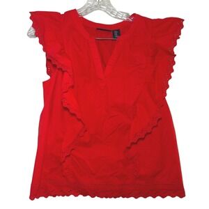Amaryllis Womens Red Eyelet Lace Ruffle Sleeve Blouse M boho preppy summer